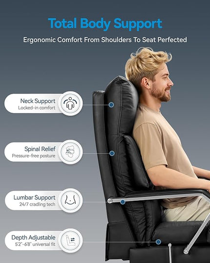 Reclining Office Chair with Footrest - 25.6" Wide Seat & Adjustable Seat Depth, Big and Tall High Back Leather Executive Home Office Desk Chair 400lbs, Black
