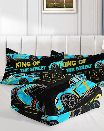 Car Bed for Boys Twin Comforter Set, Kids Racing Car Comforter Extreme Sports Bedding Set for Teens, Cool Blue Themed Children's Bedding with 2 Pillowcases