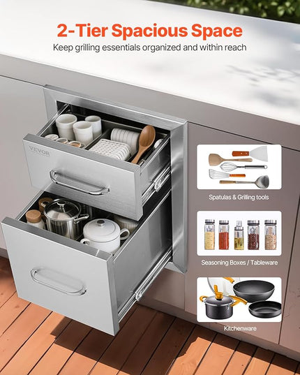 VEVOR Outdoor Kitchen Drawers 13" W x 20.5" H x 21" D, Flush Mount Double BBQ Access Drawer with Stainless Steel Handle, BBQ Island Drawers for Outdoor Kitchens or Patio Grill Station