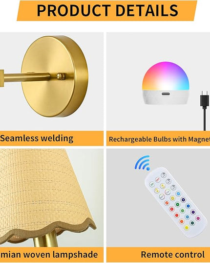 Boho Battery Operated Wall Sconce Set of 2, Gold Wireless Rechargeable Wall Lights with Rattan Shade, 12 RGB and 3CCT Dimmable Cordless Wall Lamps with Remote for Bedroom Living Room