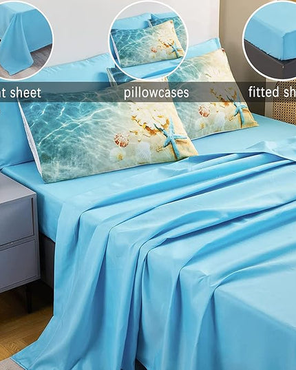 Bedbay Coastal Bedding King Size Beach Comforter Set with Sheet Blue Ocean Beach Themed Bedding Set King Bad in a Bag 8 Pcs Soft Microfiber Ocean Comforter All Season Bed Set (Ocean,King)