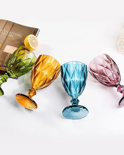 Vintage Wine Glasses Set of 4, Plastic Reusable 12 Ounce Colored Water Goblets, Unique Embossed Pattern Unbreakable Stemmed Wine Glasses, High Clear Wedding Party Bar Drinking Cups Multicolor