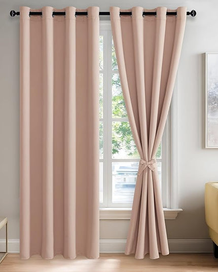 JIUZHEN Blackout Curtains with Tiebacks - Thermal Insulated, Light Blocking and Noise Reducing Grommet Curtain Drapes for Bedroom and Living Room, Set of 2 Panels, Blush Pink, 52 x 84 Inch Length