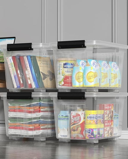 Zopnny 30 Quart Plastic Stacker Box, Large Storage Bin Container with Latching Lids and Wheels for Home and Garage Organizing, Shoes, Tools, Clear Base, 4-Pack
