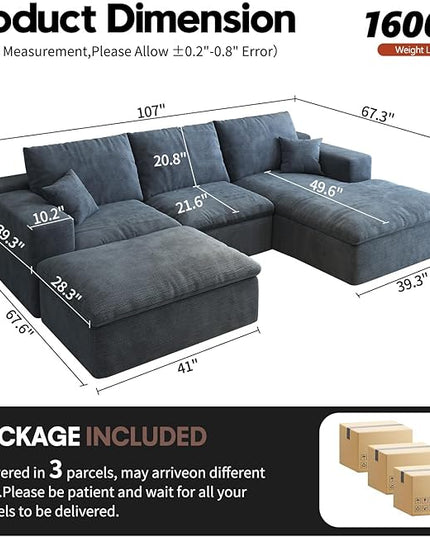 107'' U-Shaped Modern Modular Sectional Cloud Couch Whit Ottoman, 4-Seat Chenille Deep-Seat Sofa with Pillow for Living Room, Bedroom, Apartment, Ocean Blue
