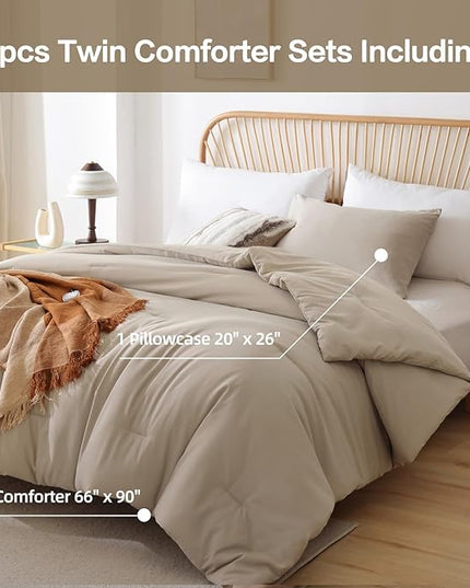 ROSGONIA Twin/Twin XL Comforter for College Girls Boys Light Khaki, 1 Comforter & 1 Pillowcase, Lightweight Twin Bedding Sets Soft Kids Dorm