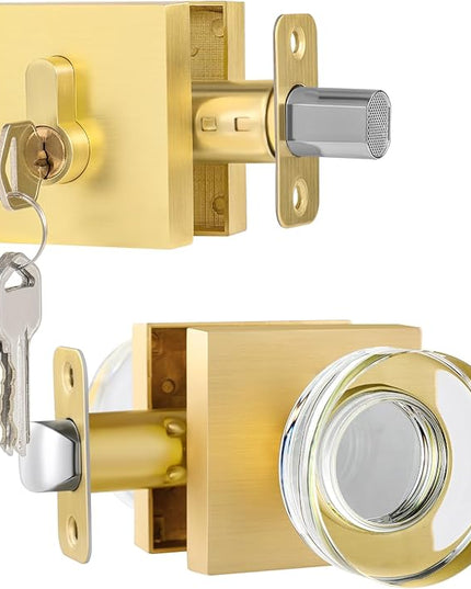 Exterior Glass Door Knob with Single Cylinder Deadbolt Lockset, Entry Crystal Door Knob with Deadbolt, Gold Front Door Lock Set, Satin Brass Front Door Handle and Deadbolt Set
