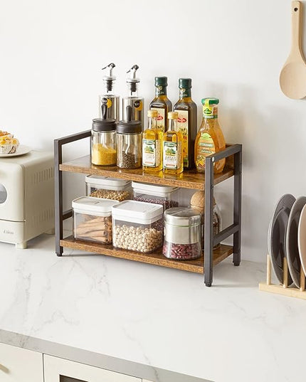 IBUYKE 2-Tier Spice Rack Industrial Counter Shelf Desktop Storage Organizer Standing Seasoning Rack for Countertop Kitchen Office Living Room Desktop Rustic Brown UTLJ002H