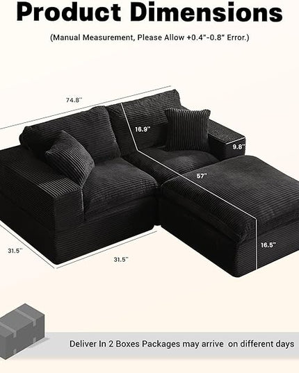 74.8” Cloud Couch, Modular Loveseat Sofa, Convertible Sofas Bed, Deep Seat Sofa, Cozy Sofa for Living Room, Office and Bedroom, L Shaped Cozy Sofa Furniture Set, Corduroy, Black