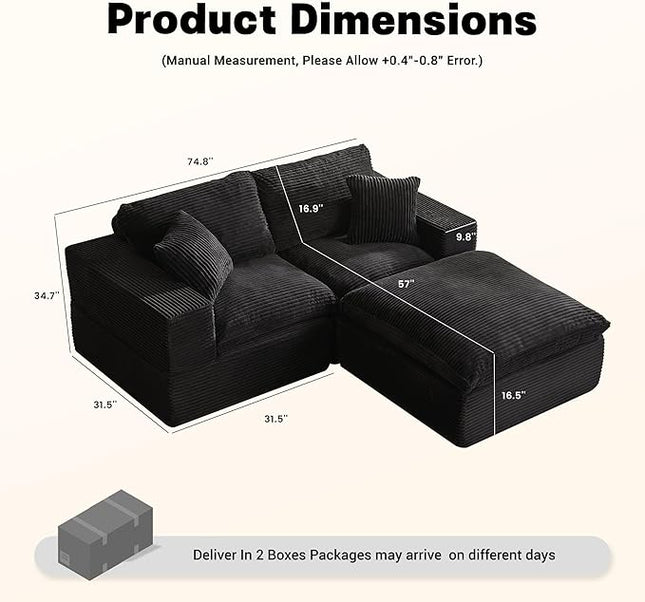 74.8” Cloud Couch, Modular Loveseat Sofa, Convertible Sofas Bed, Deep Seat Sofa, Cozy Sofa for Living Room, Office and Bedroom, L Shaped Cozy Sofa Furniture Set, Corduroy, Black