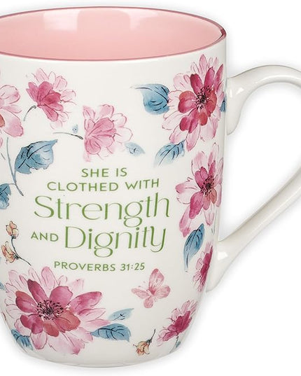 Christian Art Gifts Inspirational Ceramic Coffee & Tea Mug for Women: Strength & Dignity Encouraging Bible Verse Proverb, Microwave & Dishwasher Safe Drinkware, White, Pink & Fuchsia Floral, 12 oz.