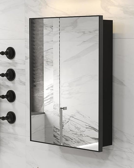 Black Medicine Cabinet Mirror, 17x30 Inch Bathroom Wall Cabinet Mirror with Storage & Adjustable Shelves, Wall Mounted Medicine Cabinets for Bathroom,Tempered Glass
