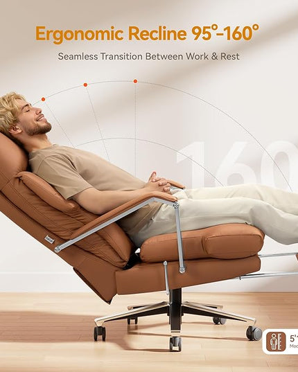 Reclining Office Chair with Footrest - 25.6" Wide Seat & Adjustable Seat Depth, Big and Tall High Back Leather Executive Home Office Desk Chair 400lbs, Brown