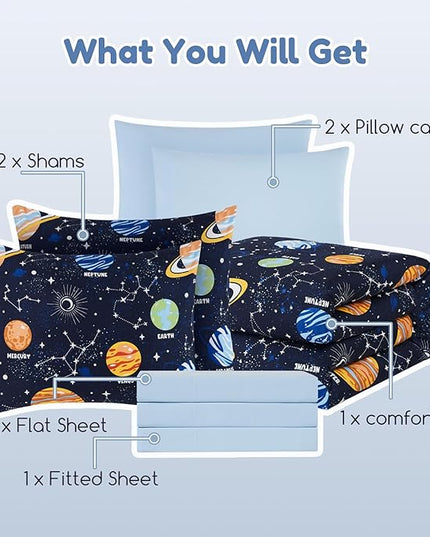 Full Size Comforter Set for Boys-7 Pieces Space Glow in The Dark Full Bedding Sets for Kids, Ultra Soft Bed in A Bag with Sheets