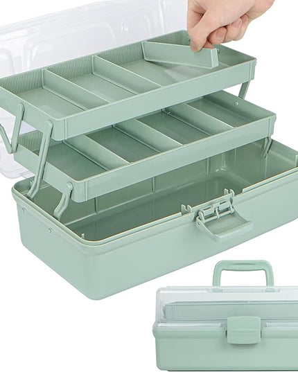 12.5in 3-Layer Multipurpose Craft Organizers and Storage with Adjustable Dividers, Portable Tackle Box, Folding Art & Craft Case for Medicine, Tool, Sewing Organizer (Haze Green)