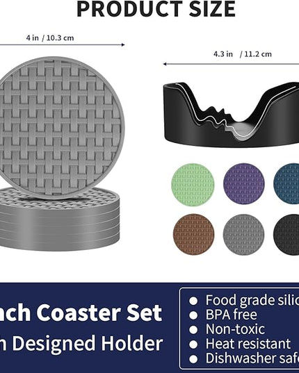 Gray Silicone Coasters with Holder, 4 Inches Non-Slip Heat Resistant Cup Mats, Decorative Waterproof Round Coaster Set of 6 for Home, Kitchen, Office, Bar, Coffee Table