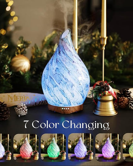 Porseme 280ml Glass Essential Oil Diffuser Aromatherapy Ultrasonic Cool Mist Humidifier 7 Running Hours Waterless Auto-Off Air Diffusers for Sleeping, Yoga, Office Working, Spa and Rest (Light Blue)