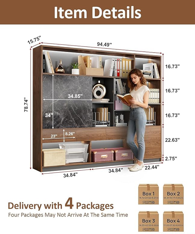 79" Bookshelf with LED Light, Tall Modern Book Shelves, Bookcase Shelf Storage Organizer, Curio Cabinets with Storage, Modern Display Cabinet, Home Office Bookcase
