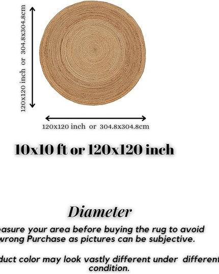 Hand Woven Jute Area Rug - 10' Round - Rustic Beige Reversible Farmhouse Rugs for Living Room, Bedroom, Kitchen - Vintage Natural Braided Entry Floor Décor Circle Boho Round Rugs 10ft