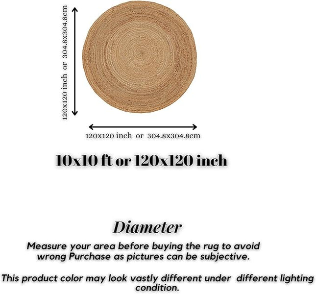 Hand Woven Jute Area Rug - 10' Round - Rustic Beige Reversible Farmhouse Rugs for Living Room, Bedroom, Kitchen - Vintage Natural Braided Entry Floor Décor Circle Boho Round Rugs 10ft