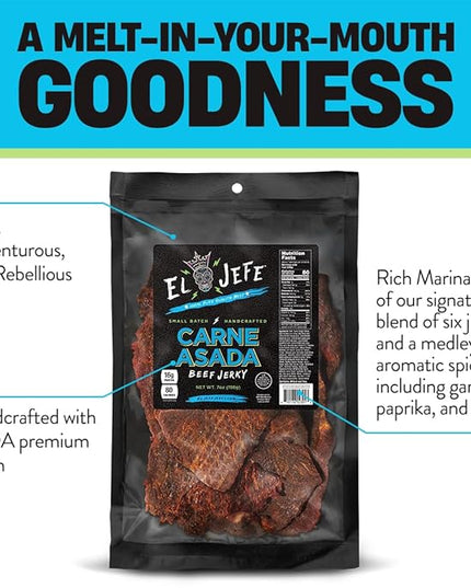 El Jefe Carne Asada 7oz Beef Jerky - Authentic Mexican Style Slab Jerky Handcrafted in Small Batches for a Bold Hispanic Flavor