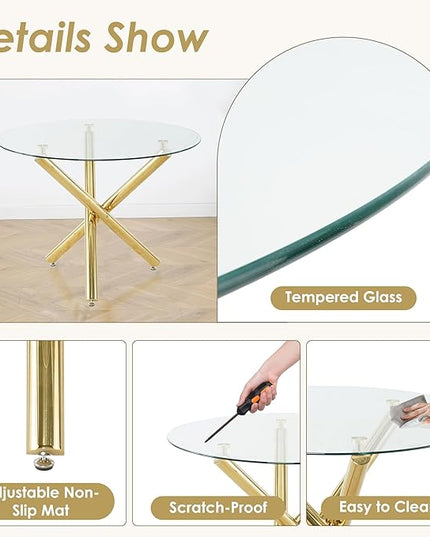 Gold Glass Round Dining Table Set for 4, 39'' Clear Dinner Table Set, 5 PCS Modern Circle Kitchen Table and Pink Woven Chairs Set, Luxury Circular Dinette Set, for Small Apartment Home