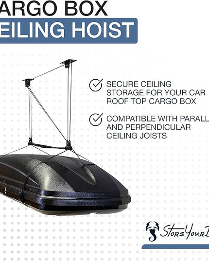 StoreYourBoard Cargo Box Pulley System – Heavy-Duty Garage Hoist Lift for Rooftop Carriers – Garage Storage & Garage Organization Ceiling Hoist with Pulley – Holds 150 lbs - Fits 8–10 ft Ceilings