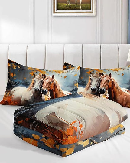 White Brown Horses Comforter Set Full Size,Watercolor Painting Autumn Leaves Bedding Set for Kids and Adults Bedroom Horse Decor,Natural Scenery Aesthetics Comforter Set with 2 Pillowcases.