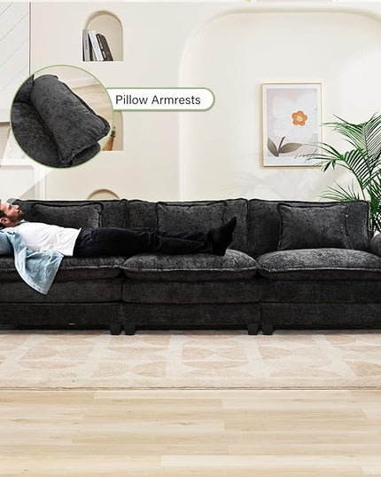 120" Modular Sectional Sofa, Comfy Cloud Couch Sectional Sofa, Chenille Sofa Sleeper Deep Seat Sofa with Throw Pillows for Living Room (Black, 120"- 3 Seater)
