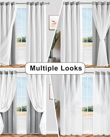 Hiasan Blackout Curtains with White Sheer Overlay, Mix & Match Double Layer Thermal Insulated Room Darkening Curtains for Bedroom, Living Room, 2 Window Panels with Tiebacks, Silver Grey, 52W X 96L