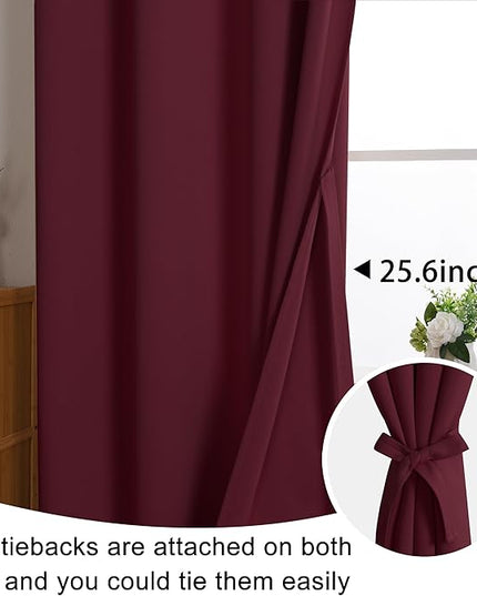 JIUZHEN Burgundy Blackout Curtains with Tiebacks Thermal Insulated, Light Blocking and Noise Reducing Grommet Curtains for Bedroom and Living Room, Set of 2 Window Curtain Panels, 70 x 63 Inch Length