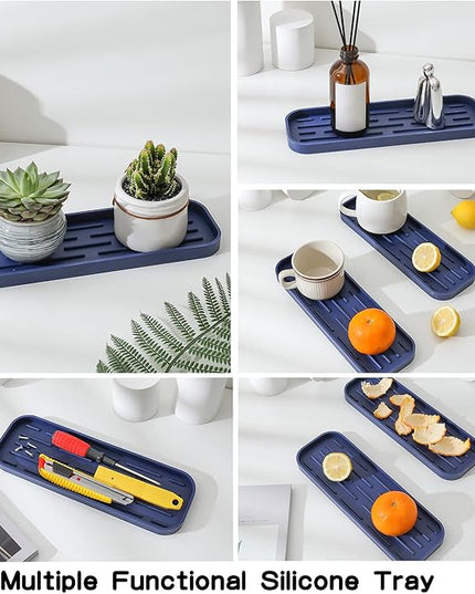 Silicone Kitchen Sink Organizer Tray for Multiple Usage,Eco-Friendly Sponges Holder for Kitchen Bathroom Counter or Sink,Dish Soap Dispenser,Scrubber,Bottle,Cup (Navy Blue, 12"×4")