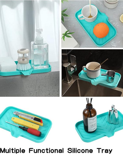 Silicone Bathroom Soap Dishes with Drain Spout-Bathroom and Kitchen Sink Organizer,Sponge Holder,Dish Soap Tray,Perfect for Dispenser,Scrubber,Bottle,Cup on Sink or Counter-Mint 9.6"×5.3"