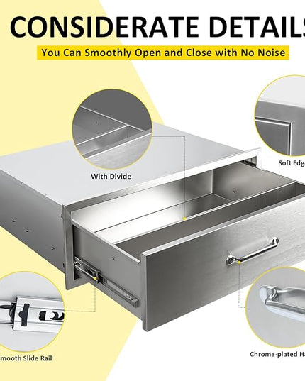 Outdoor Kitchen Drawers 30" W x 10" H x 23" D Flush Mount BBQ Single Drawers with Divider,Built-in Stainless Steel Drawer with Chrome Handle for Outdoor Kitchen Island Patio Grill Station