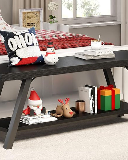 LVB Black Bench, Modern Storage Bench for Bedroom, Wood Metal Entryway Bench for Hallway Dining Living Room, Famrhouse Shoe Rack Indoor Accent Seating Benchs for Foyer Entrance, Black Oak 47 Inch Long