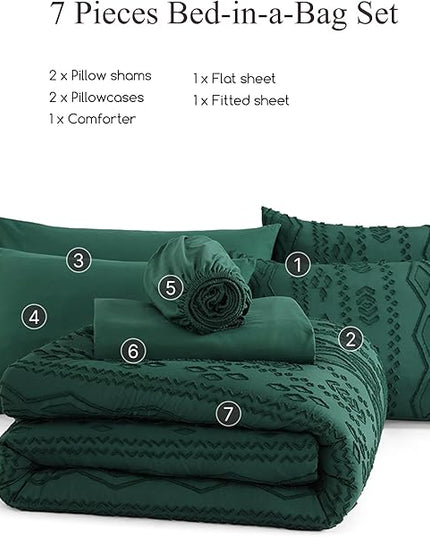 King Size Comforter Set Emerald Green, Tufted Boho Bedding Farmhouse Dark Green Bed Set, All Season 7 Pieces Bed in a Bag with Sheets, Pillowcases & Shams