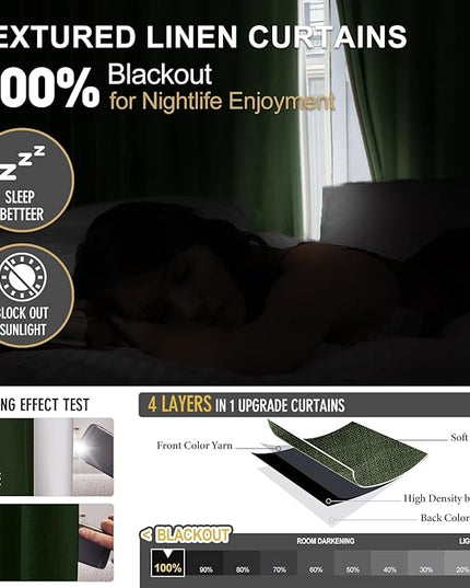 IVAPUPU Linen Pinch Pleated 100% Blackout Curtains for Bedroom - 2 Pages Black Out Green Curtains 108 Inch Long 2 Panel for Living Room Darkening Thermal Window Curtain Drapes with 16pc Hooks