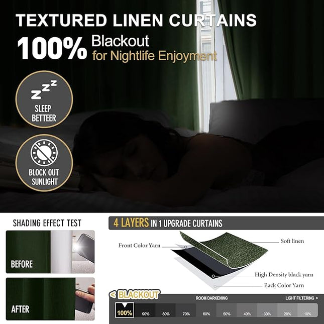 IVAPUPU Linen Pinch Pleated Blackout Curtains for Bedroom - Full Black Out Green Curtains 84 Inch Long 2 Panel for Living Room Darkening Thermal Window Curtain Drapes for Christmas Decor