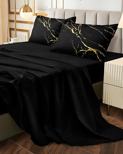 Merryword 8 Pcs Bed in a Bag Black Marble Comforter Set King Size Gold Metallic Marble Bedding Duvet Quilt