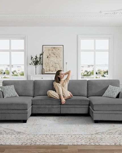 Legend Vansen Oversized Modular Sectional Sofa,6 Seat U Shaped Couch with Ottoman,Corduroy Sofa with Deep Seat,Convertible Large Sectional Couches for Living Room (Grey, U-6)