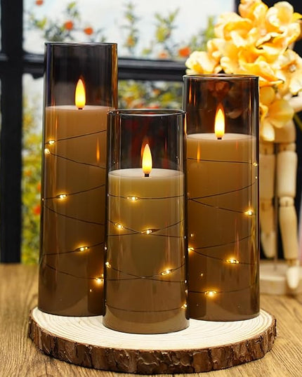 Flickering Flameless LED Candles, 9 Pcs with Embedded Star String, Acrylic LED Pillar Candles with Remote, Suitable for Home Decoration (Grey)