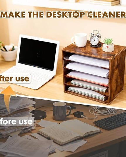 EMERIT Paper Organzier Wood Desktop Organizer Storage Letter Tray File Sorter with Adjustable Shelves for Home Office