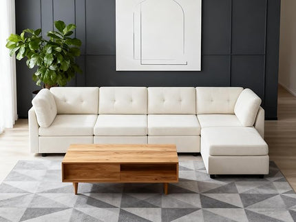 VANOMi 118" Modular Sectional Sofa with Ottoman, 4 Seater Cloud Sofas & Couches, Cozy Chenille Sectional Couches for Living Room, Apartment, Office, White, L Shaped