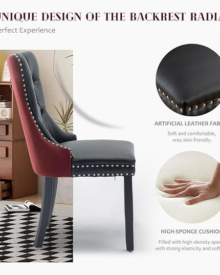 SoarFlash Leather Dining Chairs Set of 4, Tall Back Side Chair, Modern Upholstered Side Chair with Button Back Ring, Solid Wood Legs (Black&Red)