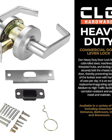 CLG HARDWARE Commercial Lever Door Lock - Heavy-Duty Locking Door Handle, Designer Door Handles, Cylindrical Lever Lock, Non-Handed Grade 2 Industrial Door Handle, 26D Satin Chrome, Passage/Closet