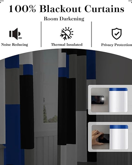Royal Blue 100% Blackout Curtains for Bedroom 63 inch Long 2 Panels Set Navy Blue Modern Abstract Black Out Curtains Black Grey Insulated Room Darkening Window Drapes for Living Room, 52Wx63L