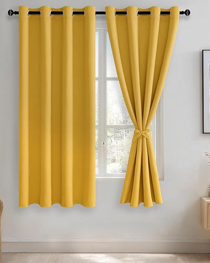 JIUZHEN Blackout Curtains with Tiebacks - Thermal Insulated, Light Blocking and Noise Reducing Grommet Curtain Drapes for Bedroom and Living Room, Set of 2 Panels, Yellow, 52 x 63 Inch Length