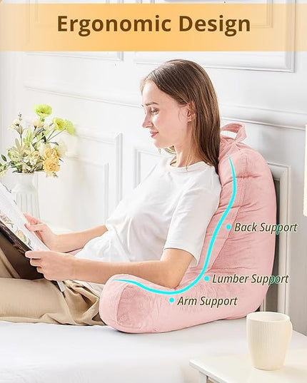Sasttie Reading Pillow, Velvet Back Pillow for Bed Sitting Up, Adult Back-Rest Support Cushion with Arms for Sit Up on Couch, Sofa, and Floor, Dorm Essentials, Reading Accessories, Peach