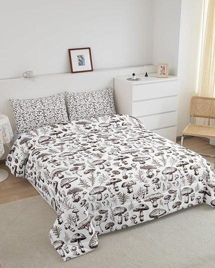 Manfei Mushroom Kids Comforter Set Queen Size,Hand Drawn Sketch Bedding Set,Boys Girls Room Decor,Botanical Plants Weed Flowers Rustic Down Comforter,Brown White Boho Retro Duvet Insert,2 Pillowcases