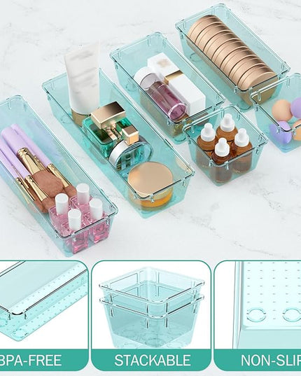 WOWBOX 12 Pack Clear Drawer Organizer Set, Acrylic Drawer Storage Trays, Storage Bins for Makeup, Cosmetics, Jewelries, Utensils, Gadgets, Office, Sea Blue